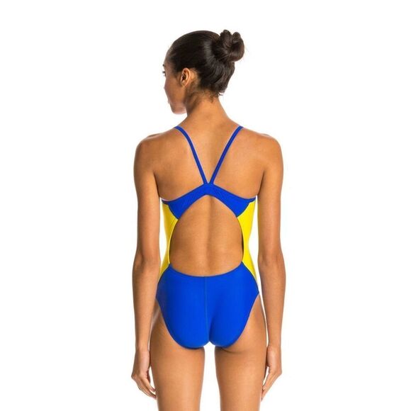 Speedo One Piece Swimsuit 12 Blue Yellow Gold Sporty PowerFlex Eco Splice Back - Picture 2 of 16